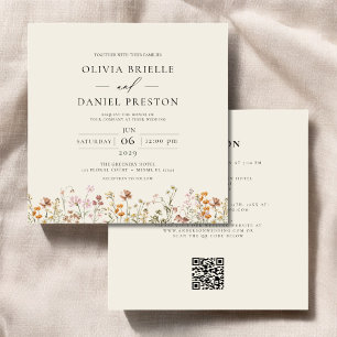 Boho Wildflower Beige All in One QR Code Wedding Invitation