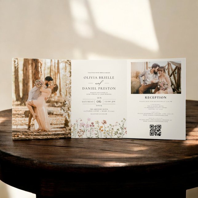 Boho Wildflower Beige All in One QR Code Wedding  Tri-Fold Invitation (Creator Uploaded)