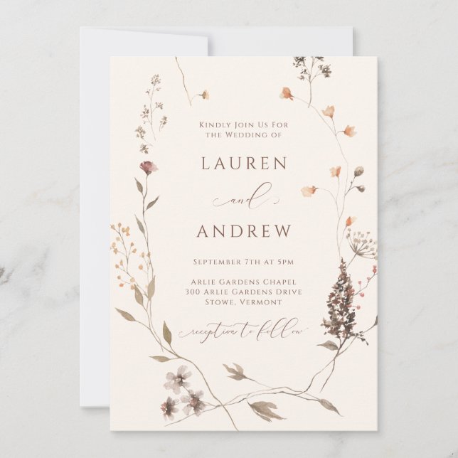 Boho Wildflower Beige Minimalist Wedding Invitation (Front)