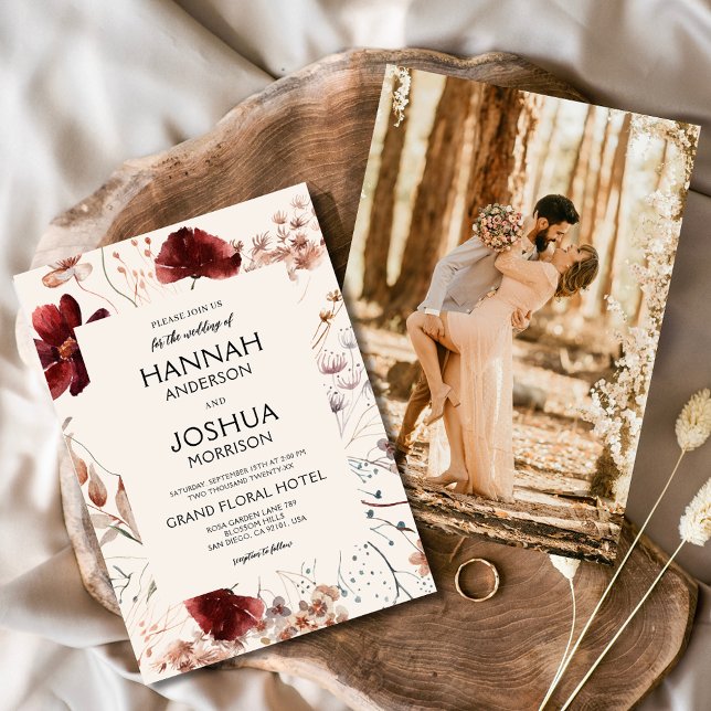 Boho Wildflower Beige Photo Instagram Wedding Invitation (Creator Uploaded)