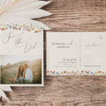 Boho Wildflower Beige Photo Save The Date Postcard<br><div class="desc">This boho wildflower beige photo save the date postcard is perfect for your simple, whimsical boho rainbow summer wedding. The bright, enchanted pink, yellow, orange, and gold colour florals give this product the feel of a minimalist elegant vintage hippie spring garden. The modern design is artsy and delicate, portraying a...</div>