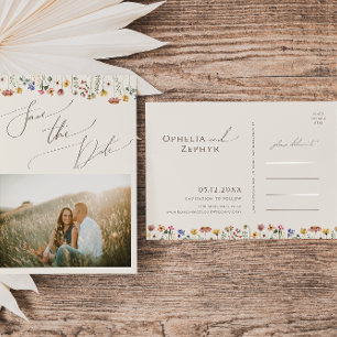 Boho Wildflower Beige Photo Save The Date Postcard