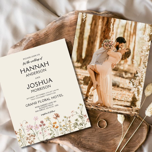 Boho Wildflower Beige Photo Wedding Invitation (Creator Uploaded)
