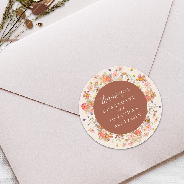 Boho Wildflower Beige Wedding Thank You  Classic Round Sticker (Boho fall rustic wildflower floral burnt orange and beige wedding thank you sticker watercolor )