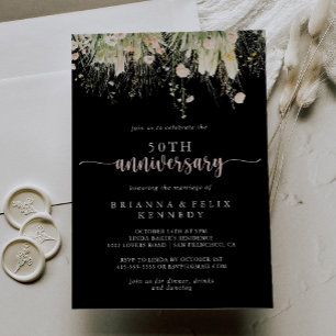 Boho Wildflower Black 50th Wedding Anniversary Invitation