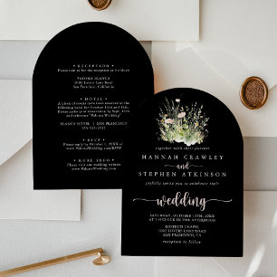 Boho Wildflower Black Arch Front & Back Wedding Invitation