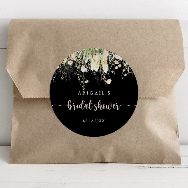 Boho Wildflower Black Bridal Shower Favour  Classic Round Sticker (Creator Uploaded)