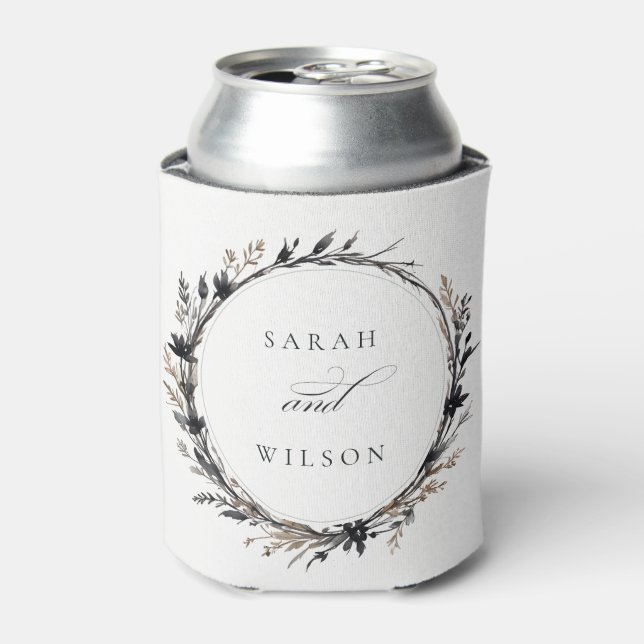 Boho Wildflower Black Brown Fall Wreath Wedding Can Cooler (Can Front)