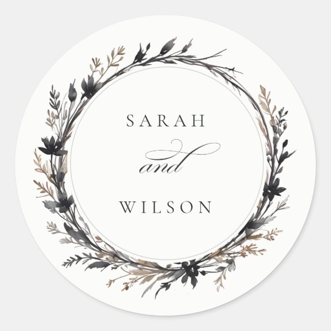 Boho Wildflower Black Brown Fall Wreath Wedding Classic Round Sticker (Front)
