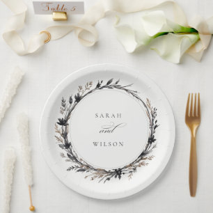 Boho Wildflower Black Brown Fall Wreath Wedding Paper Plate