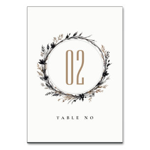Boho Wildflower Black Brown Fall Wreath Wedding Table Number