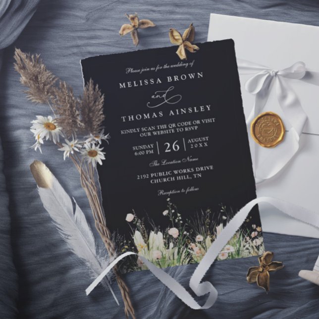Boho Wildflower Black Elegant QR Code Wedding Invitation (Creator Uploaded)