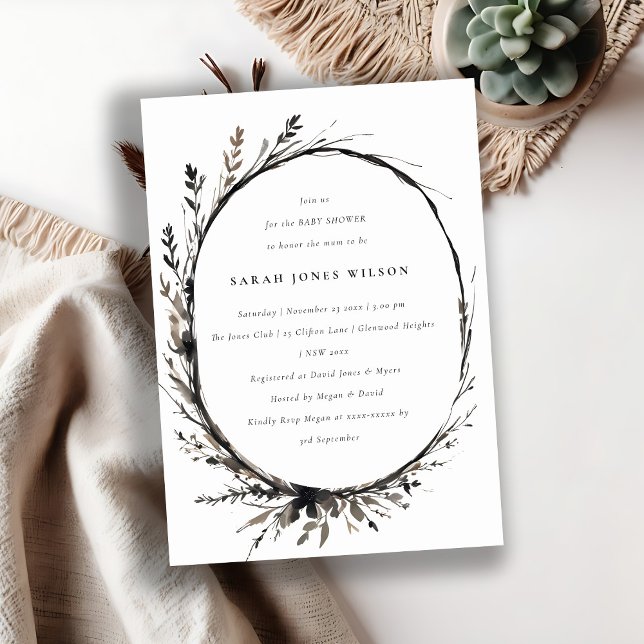 Boho Wildflower Black Fall Wreath Baby Shower Invitation (Creator Uploaded)