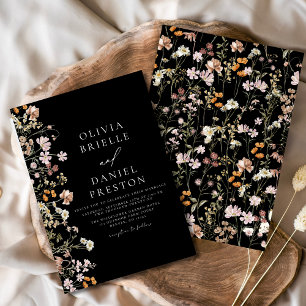 Boho Wildflower Black Garden Wedding Invitation