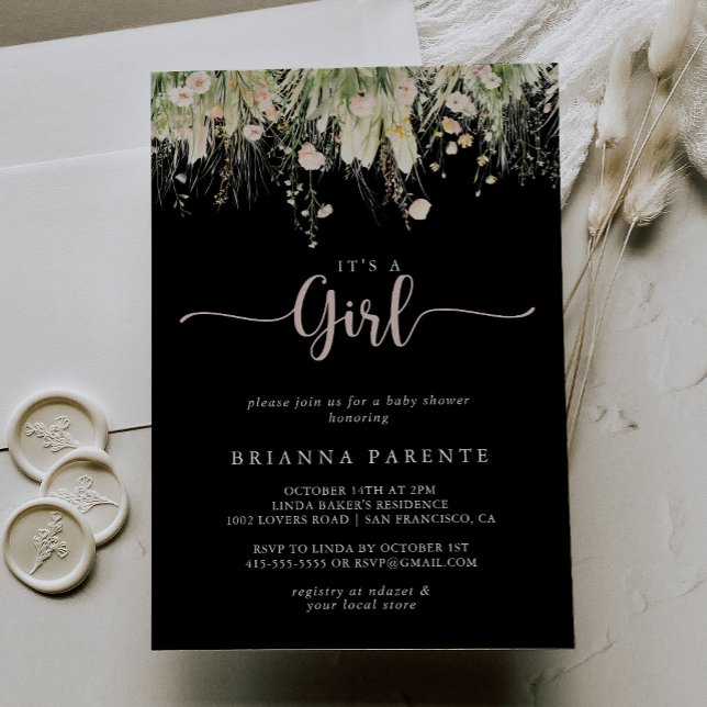 Boho Wildflower Black It's A Girl Baby Shower  Invitation (Creator Uploaded)