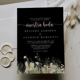 Boho Wildflower Black Nuestra Boda Wedding Invitation