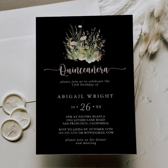 Boho Wildflower Black Quinceañera Invitation (Creator Uploaded)