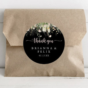 Boho Wildflower Black Thank You Wedding Favour Classic Round Sticker
