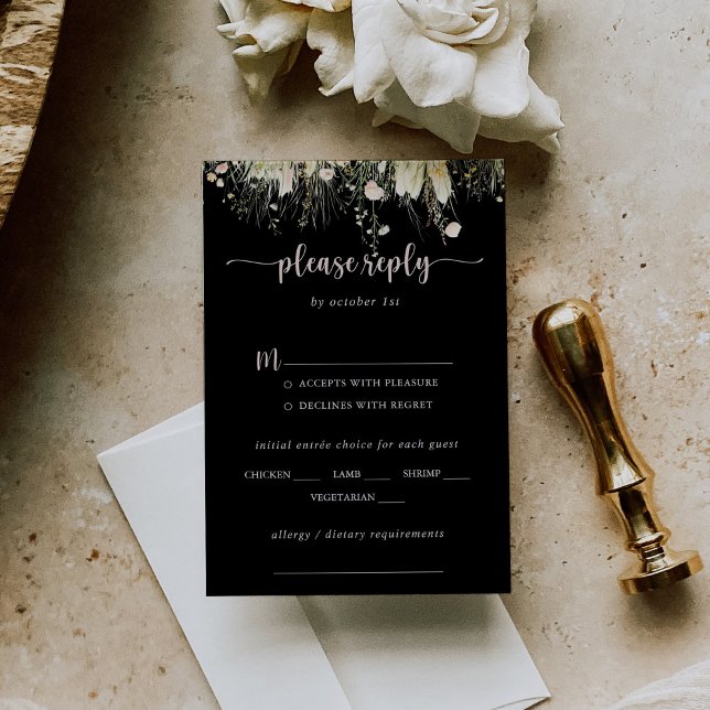 Boho Wildflower Black Wedding Menu Choice RSVP (Creator Uploaded)