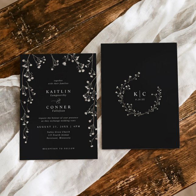Boho Wildflower Black White Baby's Breath Wedding Invitation (Black and white wedding invite with grayscale baby’s breath and botanical monogram wreath)