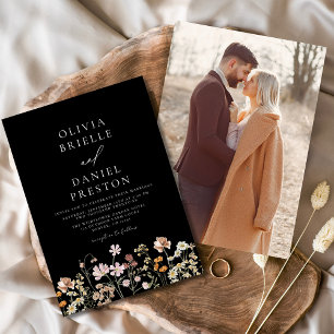Boho Wildflower Black White Photo Garden Wedding Invitation
