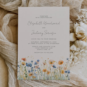 Boho Wildflower Border Orange Blue Wedding Invitation