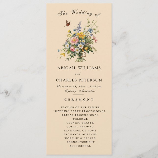  Boho Wildflower Bouquet Wedding Ceremony Program  Menu (Front)