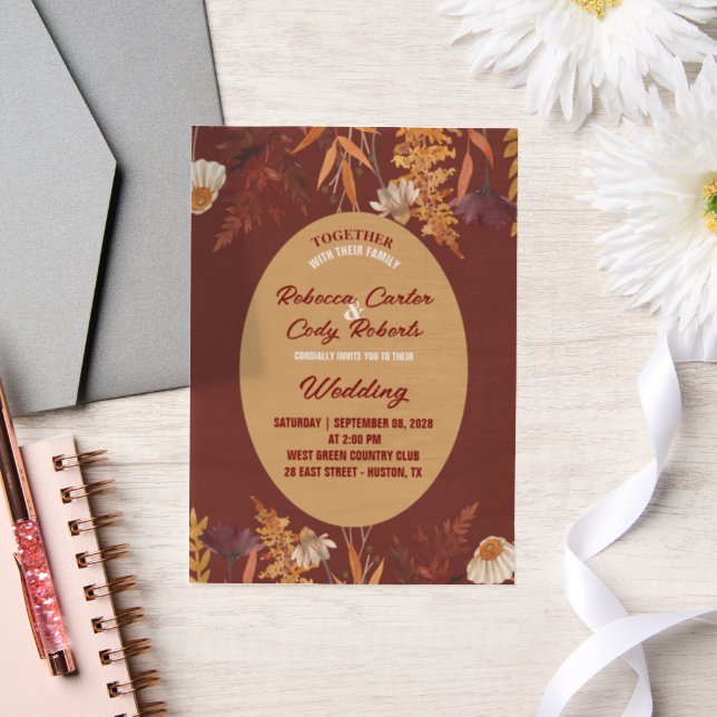 Boho Wildflower Burgundy Autumn Fall Wedding Vellum Invitations (Wedding)