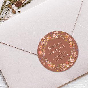 Boho Wildflower Burnt Orange Wedding Thank You Classic Round Sticker