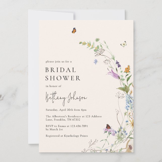 Boho Wildflower Butterfly Floral Bridal Shower Invitation (Front)