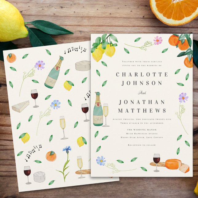 Boho Wildflower Citrus Rustic Summer Wedding  Invitation (Boho wildflower citrus rustic wedding original watercolor artwork elegant modern stylish)