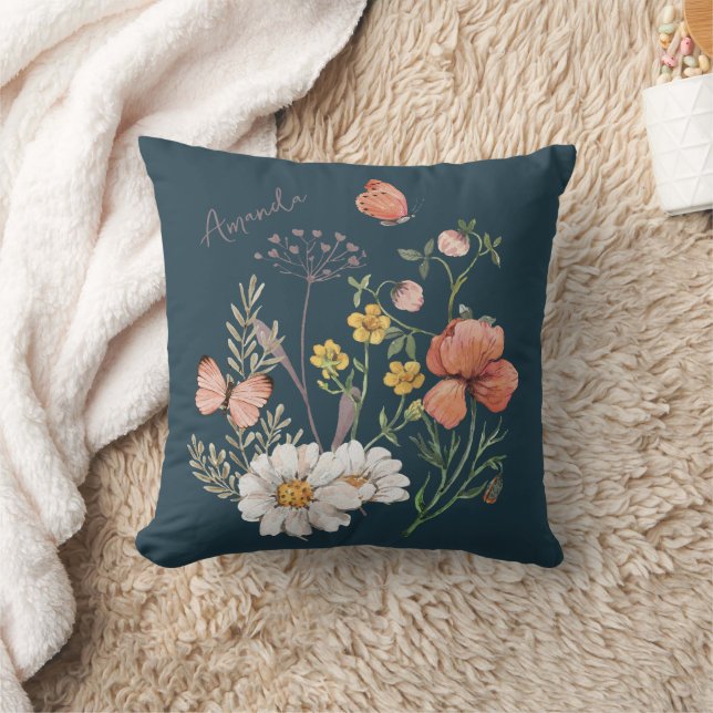 Boho Wildflower Custom Name Throw Pillow (Blanket)