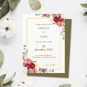 Boho Wildflower Dark Red Flower Wedding Invitation
