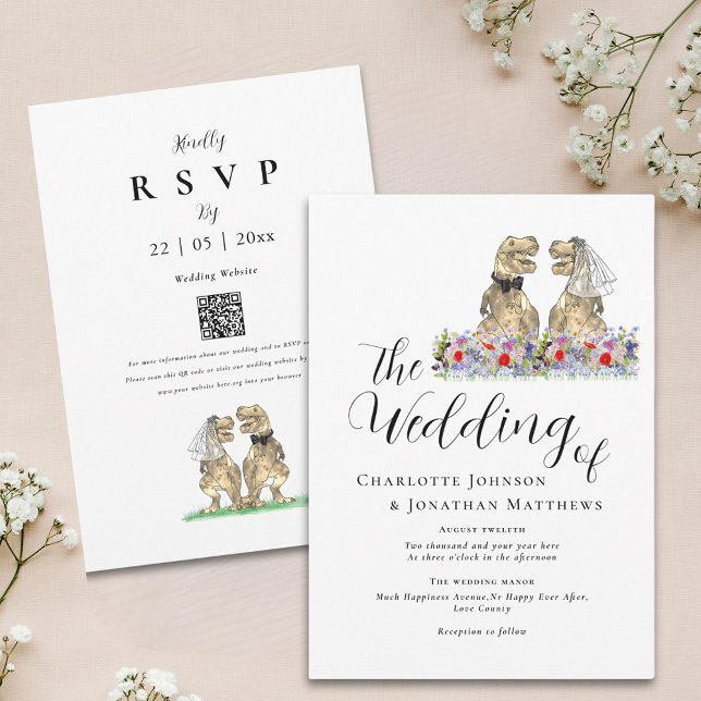 Boho Wildflower Dinosaur Theme Wedding Invitation (Boho wildflower dinosaur wedding invitation with elegant script watercolor florals and qr code)