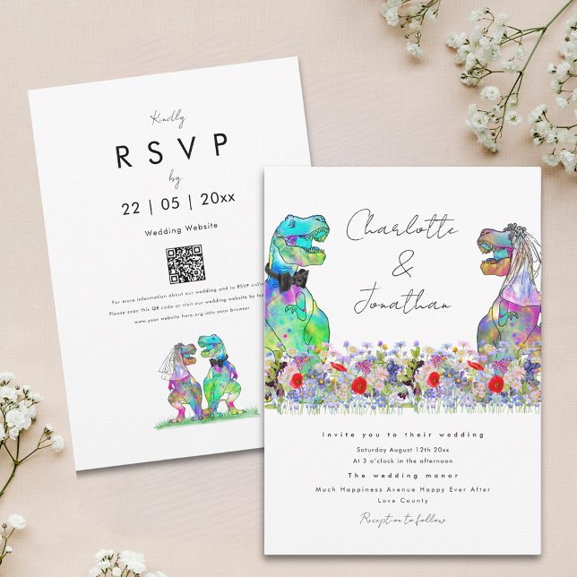 Boho Wildflower Dinosaur Theme wedding Invitation (Colorful wildflower boho dinosaur wedding invitation with qr code)