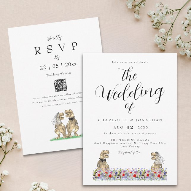 Boho Wildflower Dinosaur Wedding QR Code Invitation (Boho wildflower dinosaur wedding invitation with elegant script watercolor florals and qr code)