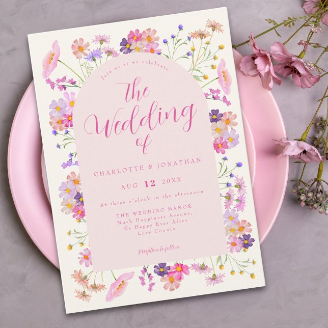 Boho Wildflower Elegant Pink Wedding Invitation (Boho chic wildflower pink wedding invitation )