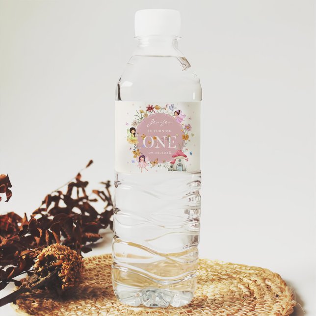 Boho Wildflower Fairy 1st Birthday Party Water Bottle Label (Creator Uploaded)