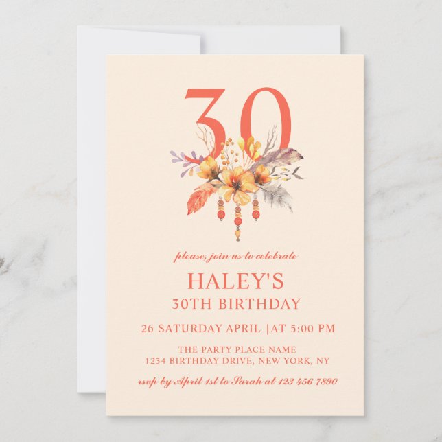 Boho Wildflower Fall Autumn Floral 30TH Birthday Invitation (Front)