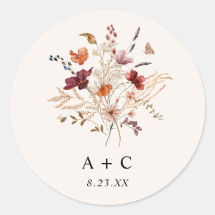Boho Wildflower Fall Burgundy Rust Wedding Classic Round Sticker