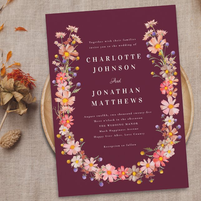 Boho Wildflower Fall Wedding Invitation (Boho fall wildflower rustic floral wreath burgundy wedding qr code invitation Elegant watercolor )