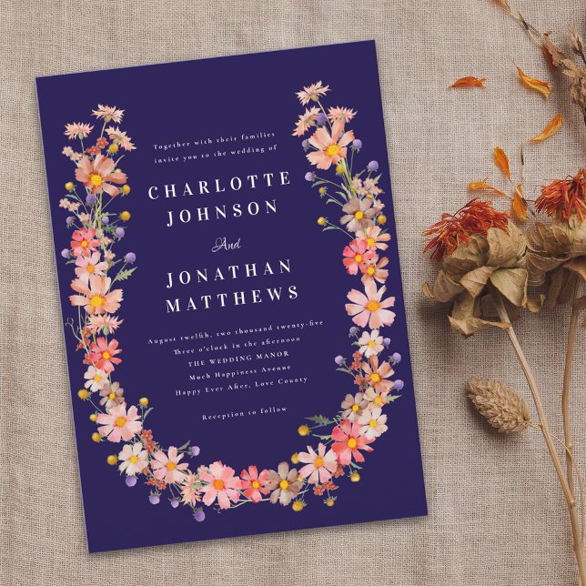 Boho Wildflower Fall Wedding Invitation (Boho fall floral wildflower wreath navy blue and white wedding invitation Autumn watercolors elegant)