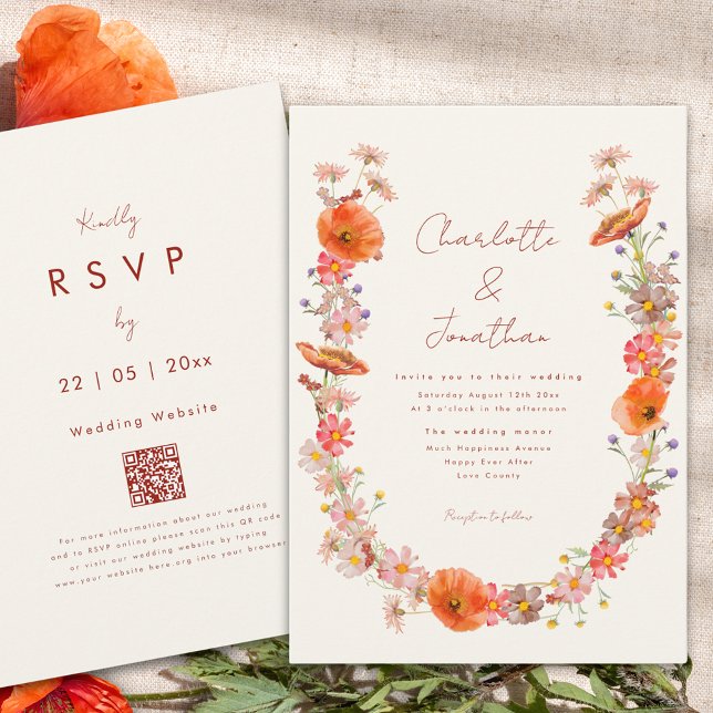 Boho Wildflower Fall Wedding Invitation (Boho wildflower wreath fall wedding invitation orange peach brunt orange whimsical script)