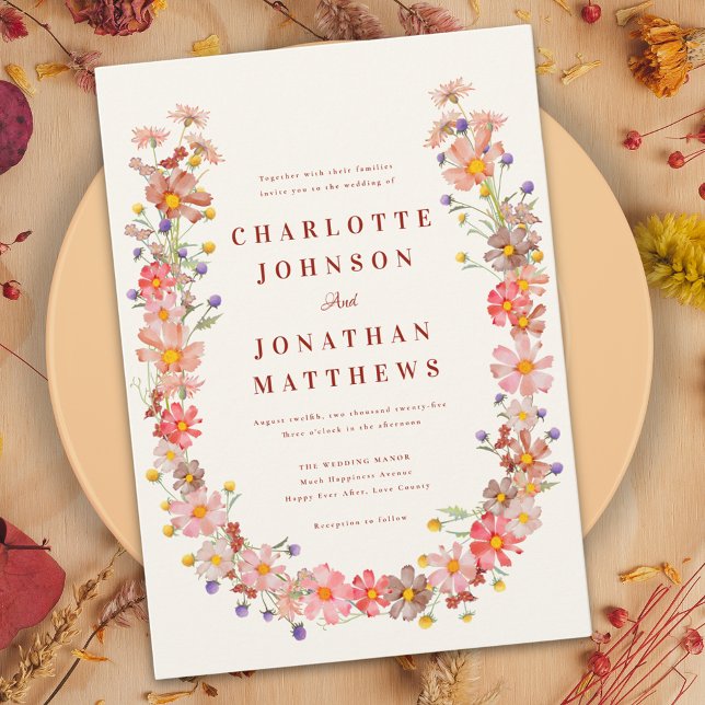 Boho Wildflower Fall Wedding Invitation (Wildflower boho wall wedding invitation with burnt orange peach coral purple pink terracotta florals)