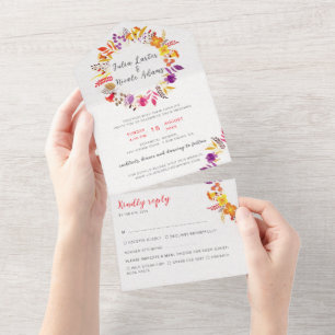 Boho Wildflower Fall Wreath Foliage Wedding All In One Invitation