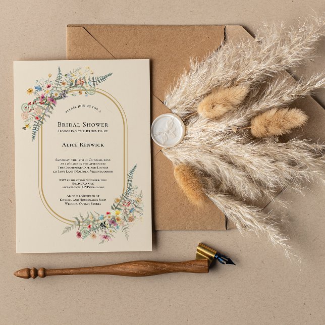 Boho Wildflower Fern Beige Bridal Shower Invitation (Creator Uploaded)