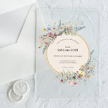 Boho Wildflower Fern Beige Save the Date Acrylic Invitations<br><div class="desc">This Boho Wildflower Fern Beige Save the Date Acrylic Invitations design is an elegant arrangement of classic gold geometric frames embellished with delicate boho floral greenery bouquets and stems. Featuring a palette of timeless ivory beige on clear acrylic backgrounds with simple classic black typography and whimsical colourful wildflowers, creating a...</div>