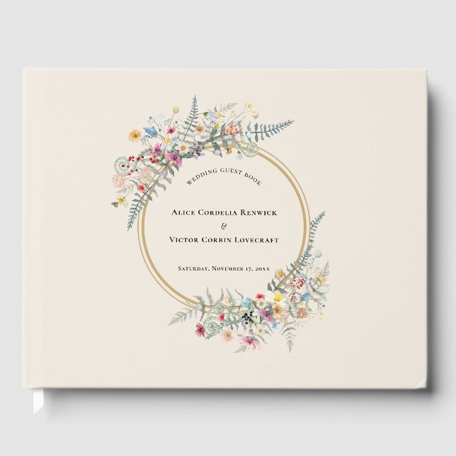 Boho Wildflower Fern Beige Wedding Guest Book (Front)