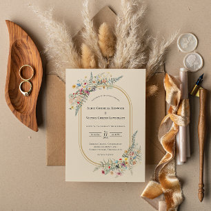 Boho Wildflower Fern Beige Wedding Invitation