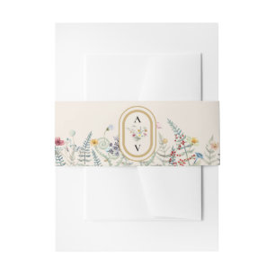 Boho Wildflower Fern Beige Wedding Monogram Invitation Belly Band